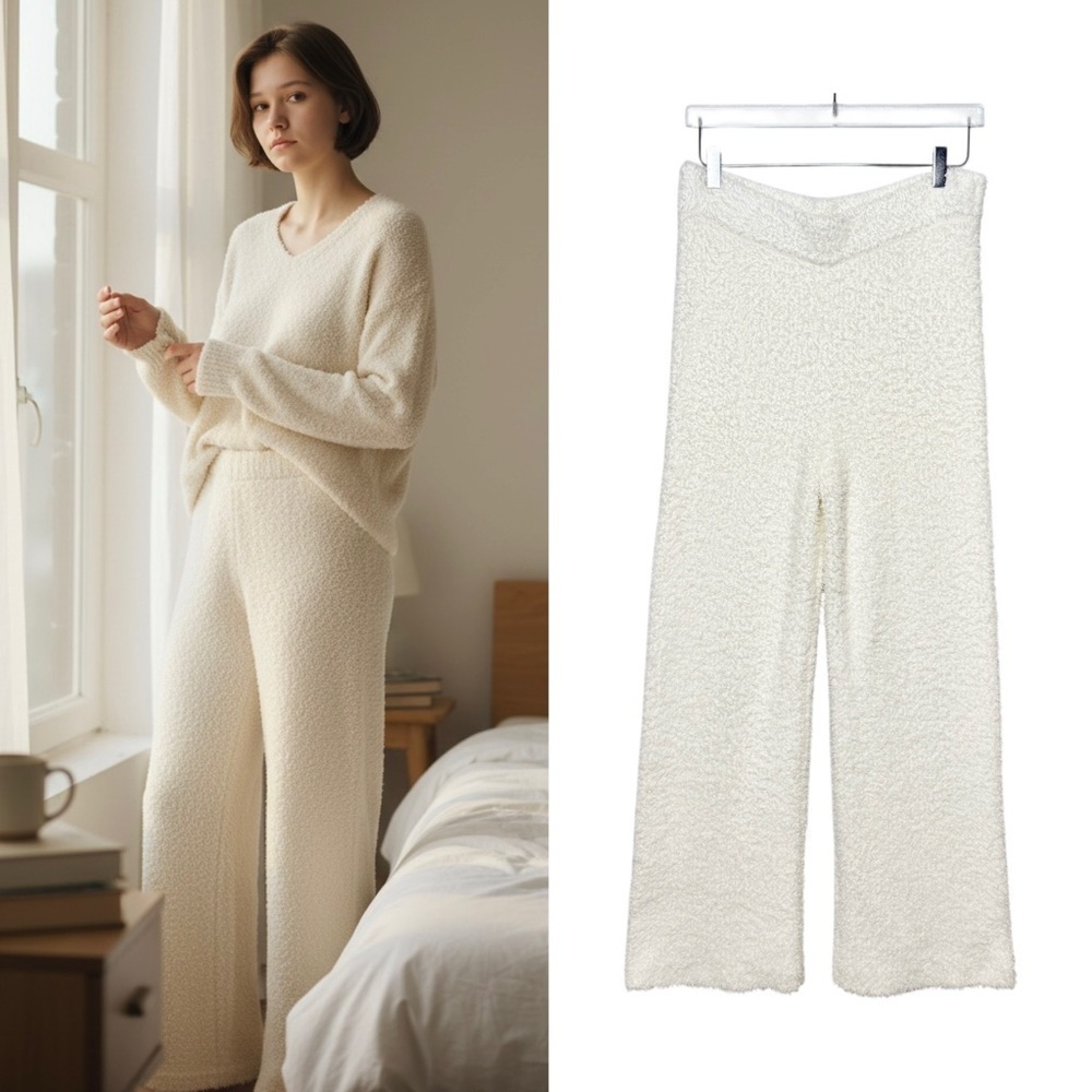 Aerie Offline Marshmallow Ivory Fuzzy Women’s Wide Straight Lounge Pants Sz L
